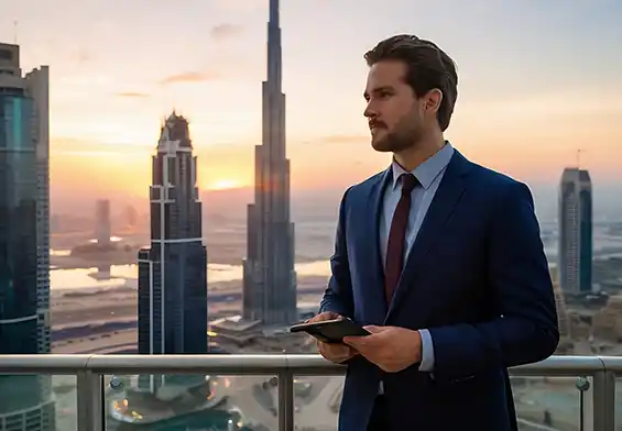 Businessman overlooking Dubai skyline, connected through Amer Center's premier services.